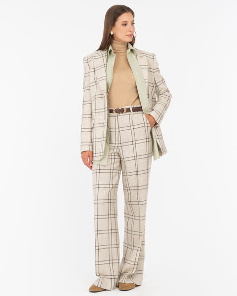 beige macrocheck sequin wide trousers