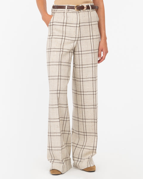 beige macrocheck sequin wide trousers