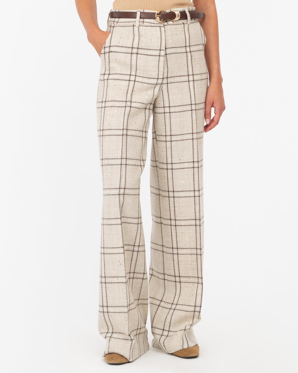 beige macrocheck sequin wide trousers
