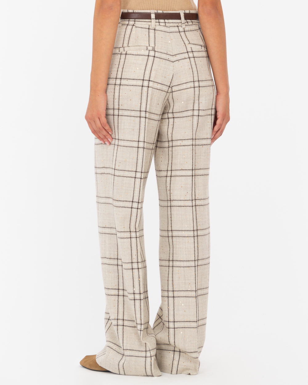beige macrocheck sequin wide trousers