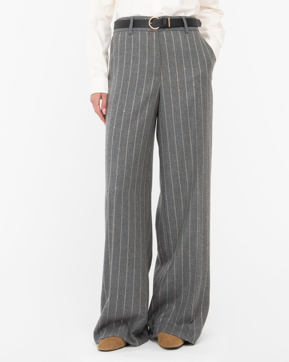 gray straight pinstripe micropaillettes trousers