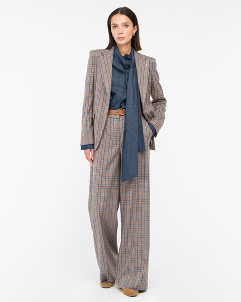 brown prince of wales poly stretch straight trousers