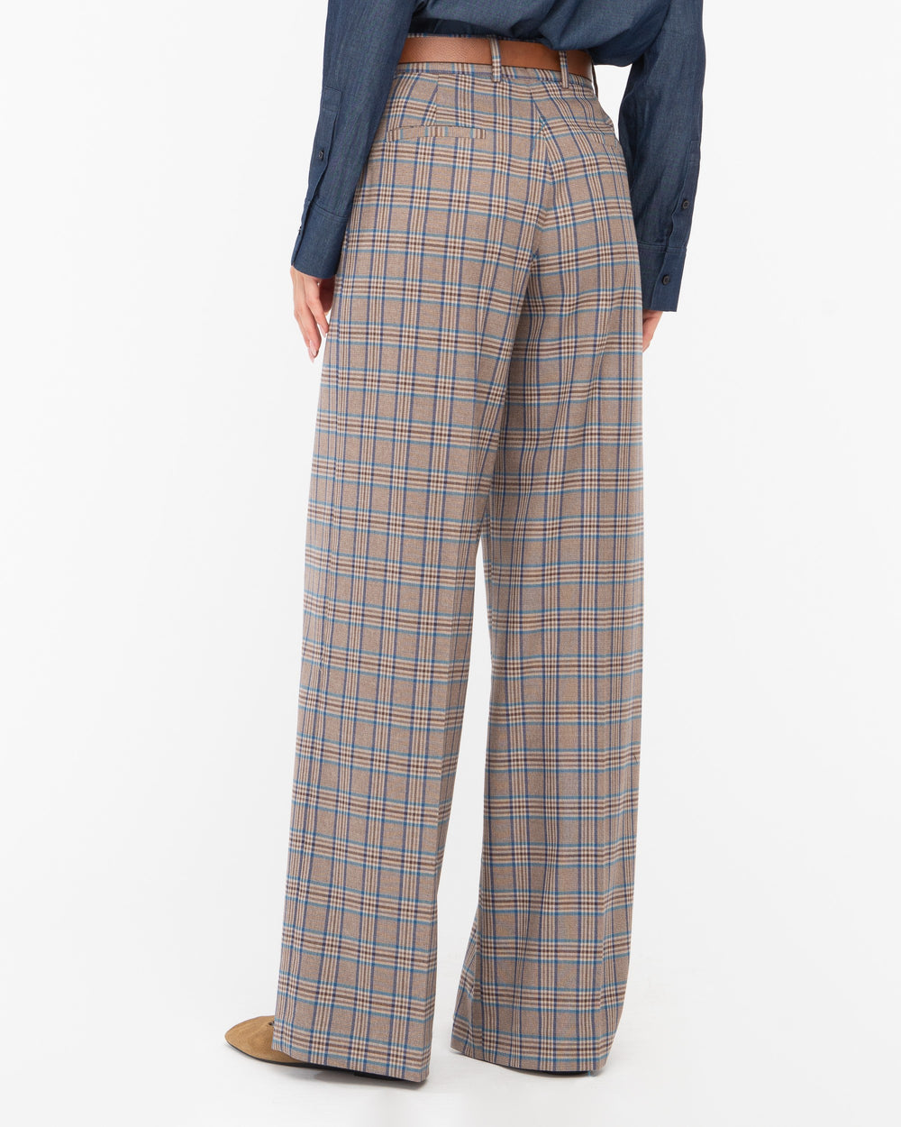 brown prince of wales poly stretch straight trousers