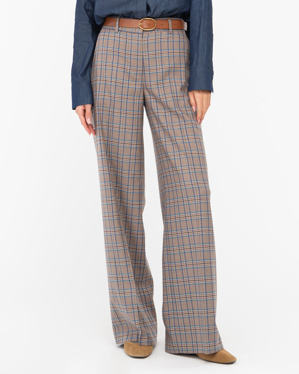 brown prince of wales poly stretch straight trousers
