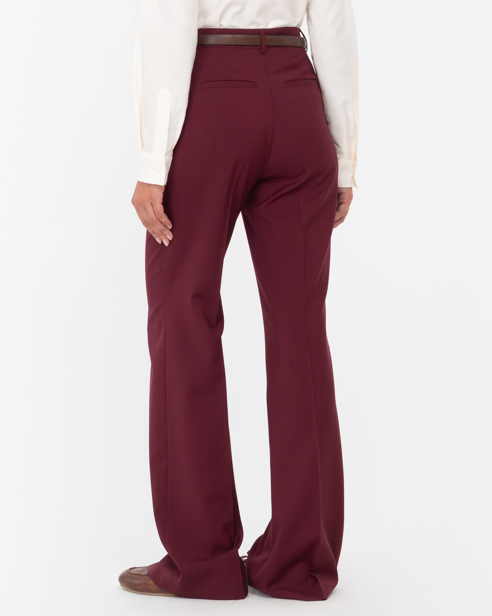 red wool flared trousers