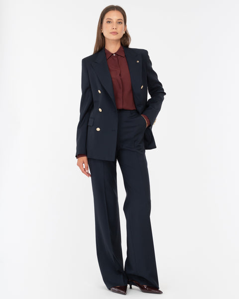 blue wool flared trousers