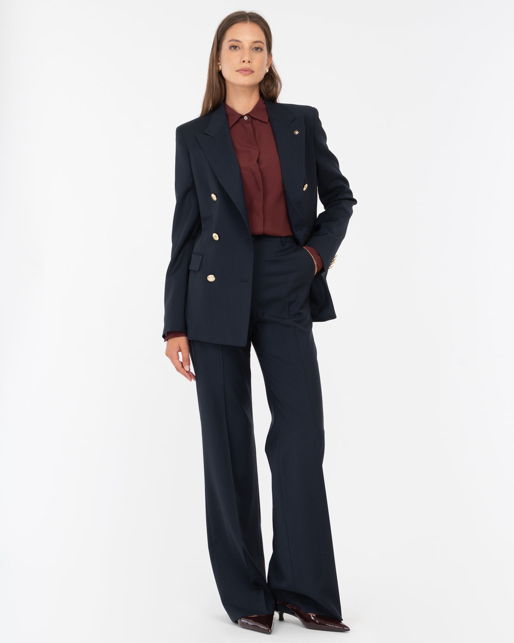 blue wool flared trousers