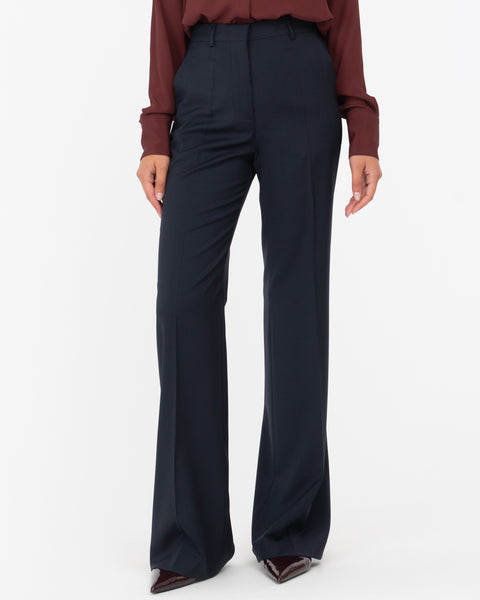 blue wool flared trousers