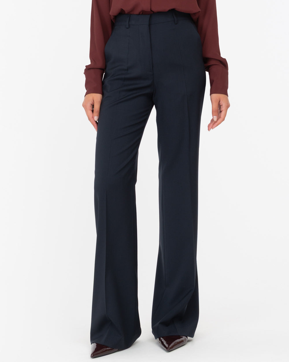 blue wool flared trousers