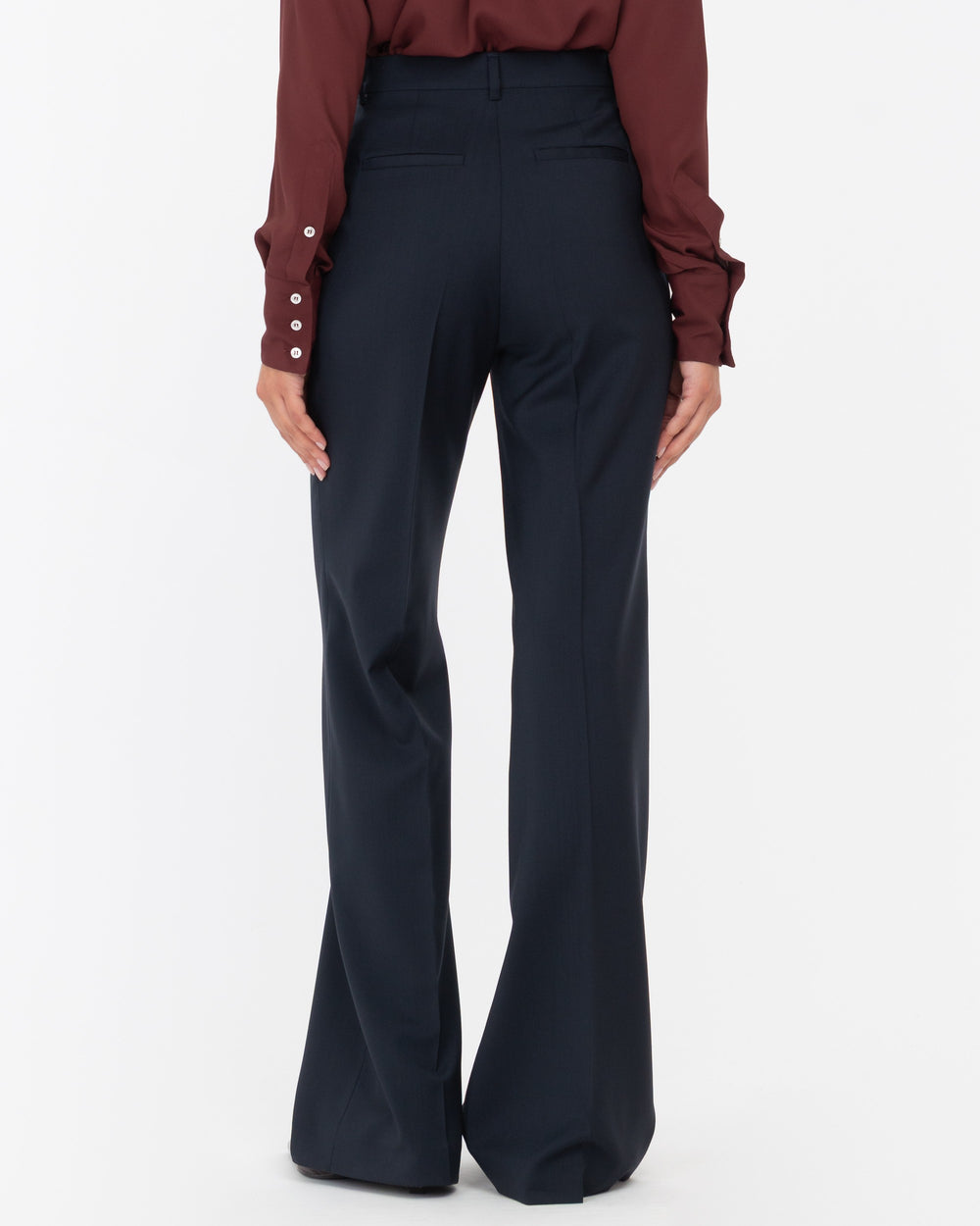 blue wool flared trousers