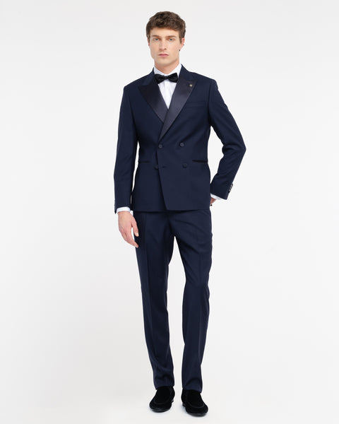 blue double breasted suit in cool stretch wool