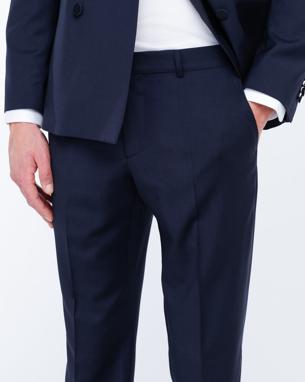 blue double breasted suit in cool stretch wool