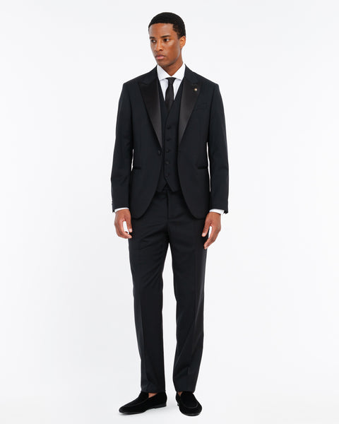 black suit with waistcoat in cool stretch wool