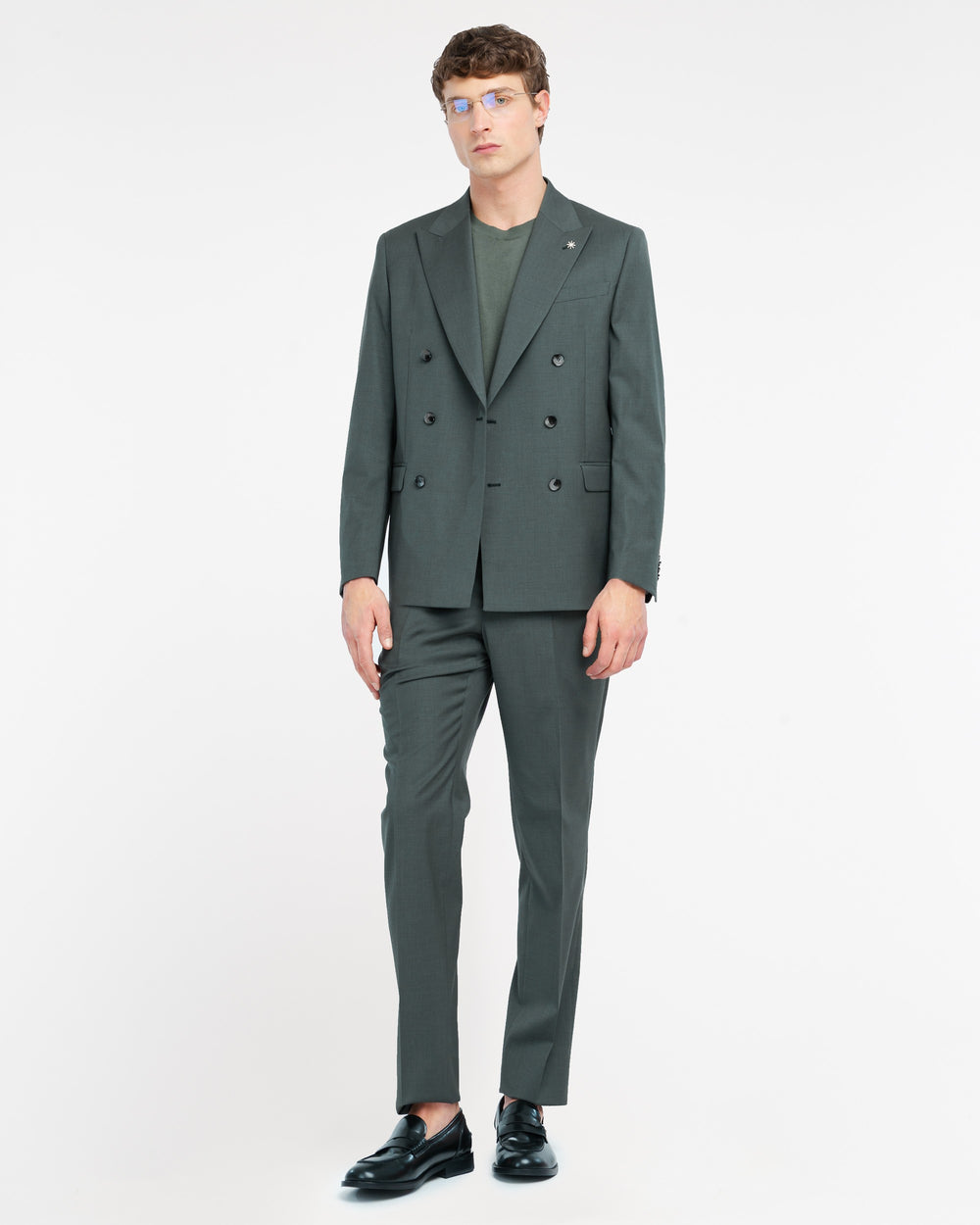 green double breasted suit in cool stretch wool