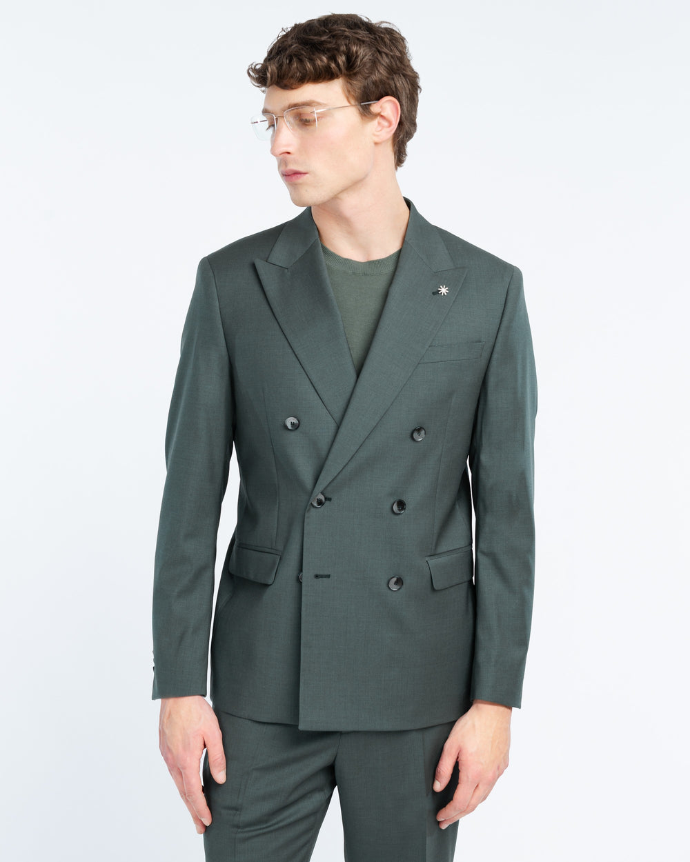 green double breasted suit in cool stretch wool