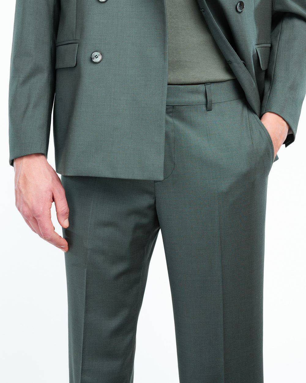 green double breasted suit in cool stretch wool