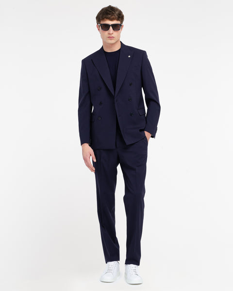 blue double breasted suit in cool stretch wool