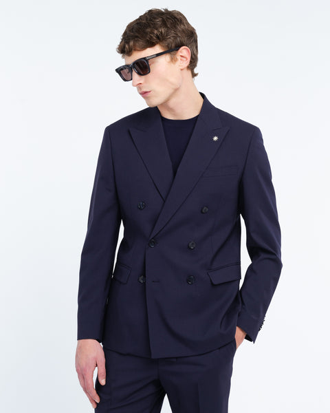 blue double breasted suit in cool stretch wool