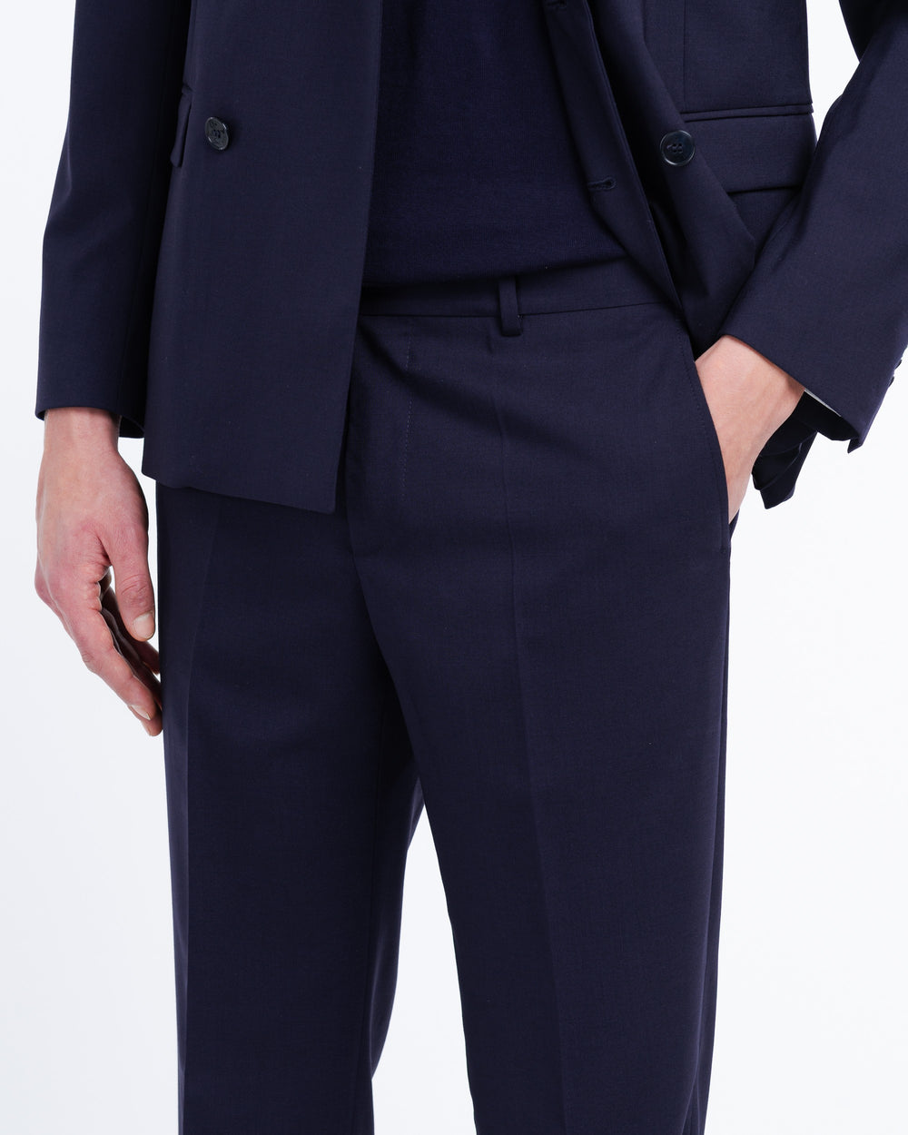 blue double breasted suit in cool stretch wool