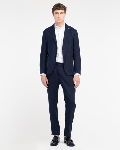 blue washed linen suit