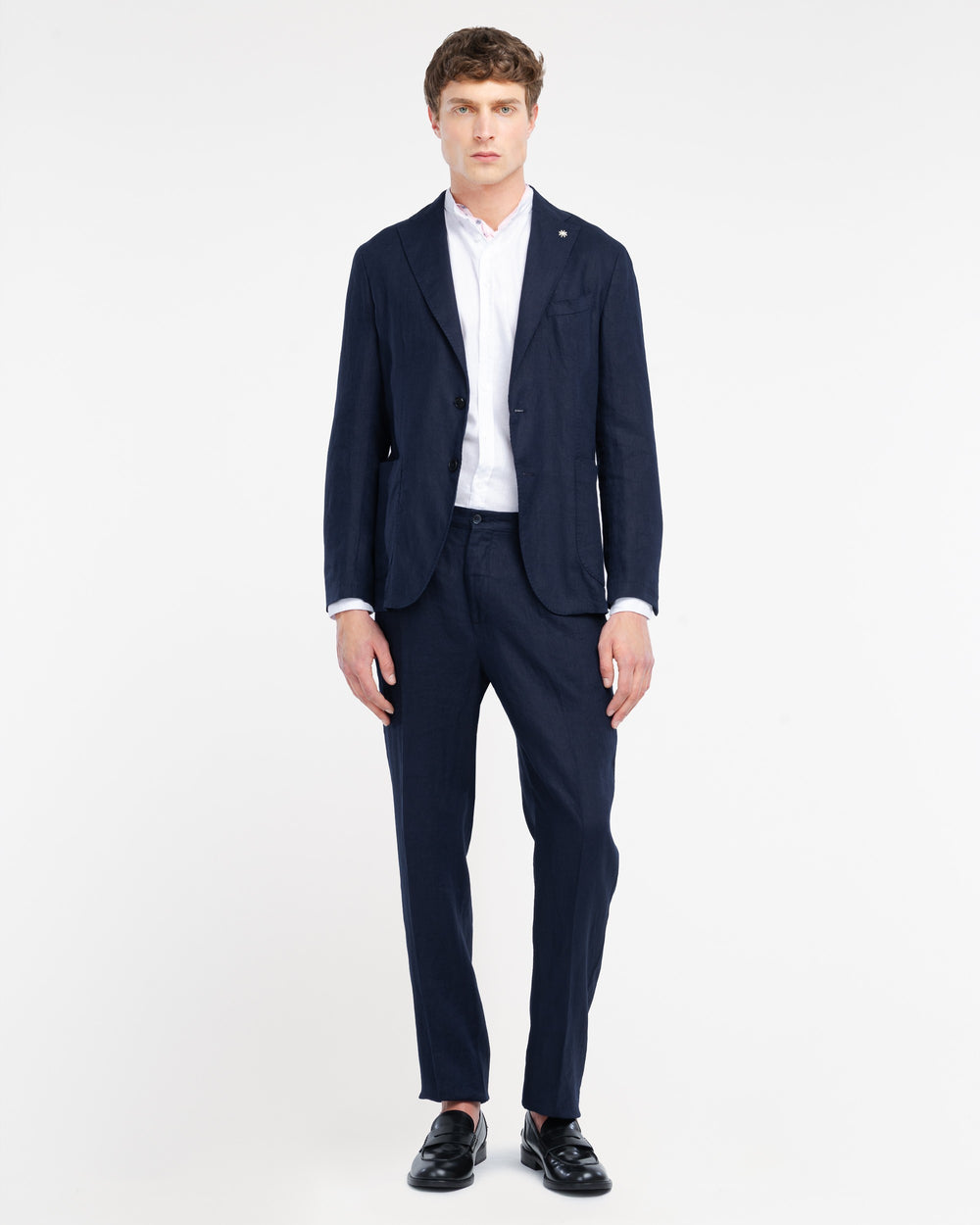 blue washed linen suit