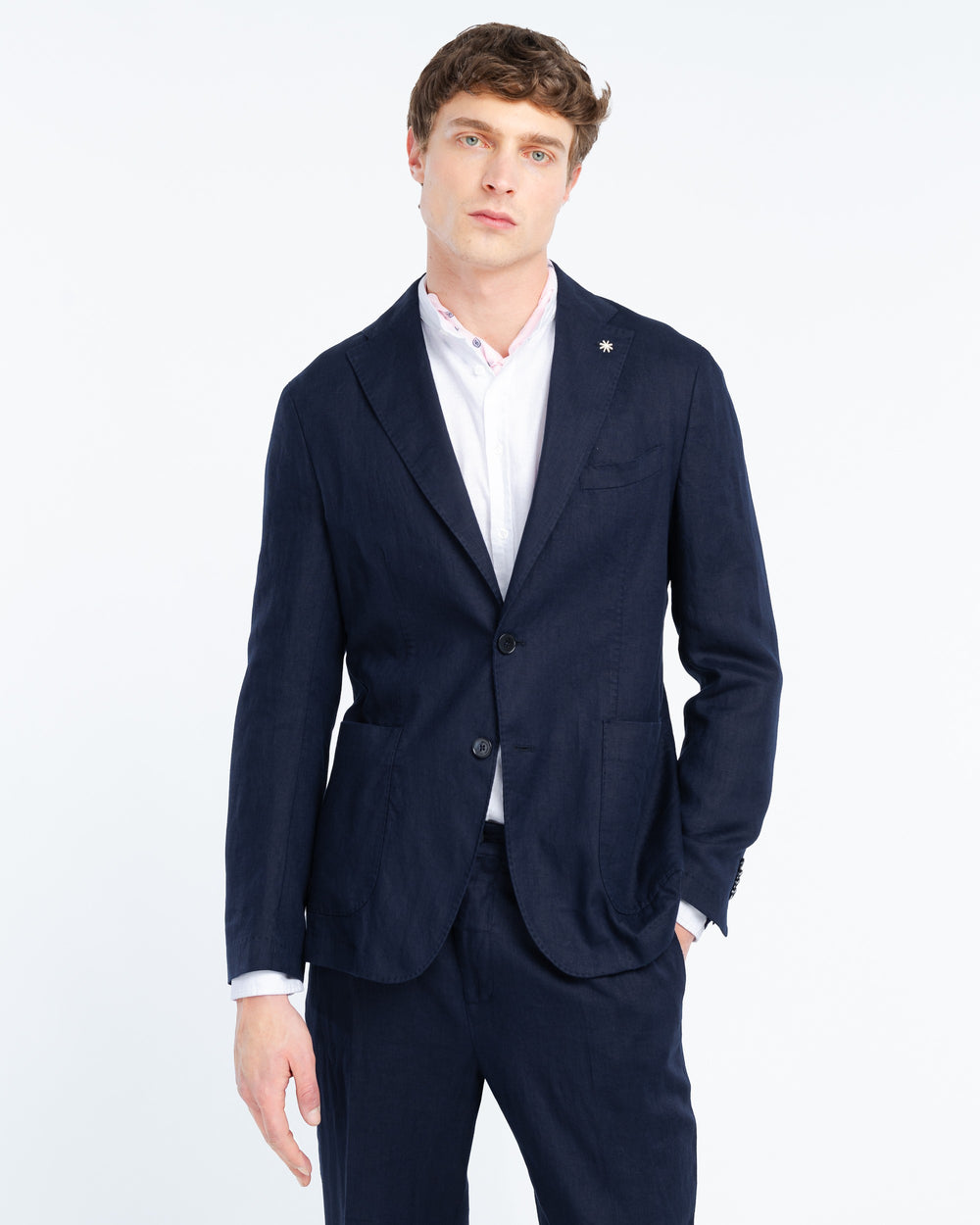 blue washed linen suit