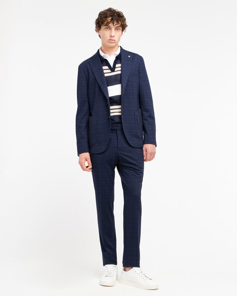 blue stretch viscose blend jersey check suit