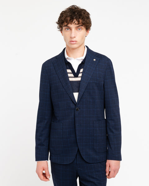 blue stretch viscose blend jersey check suit