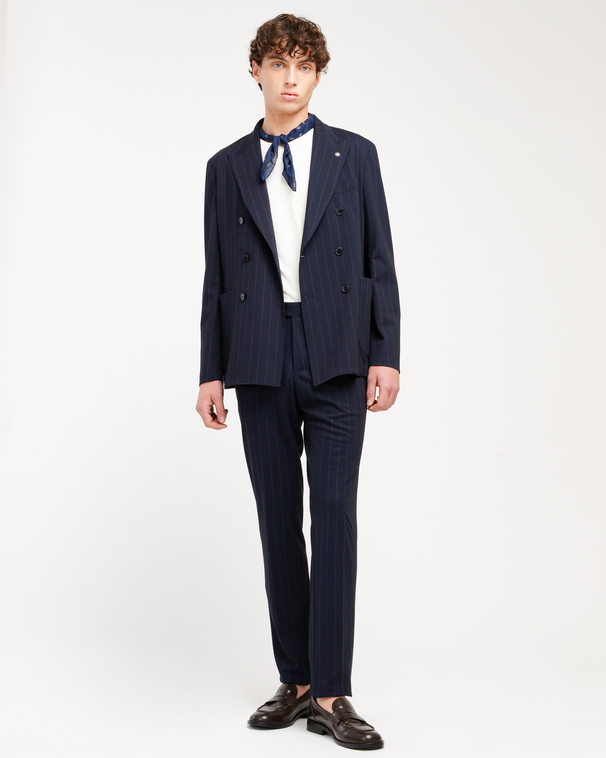 blue double breasted pinstriped viscose blend jersey suit - Manuel