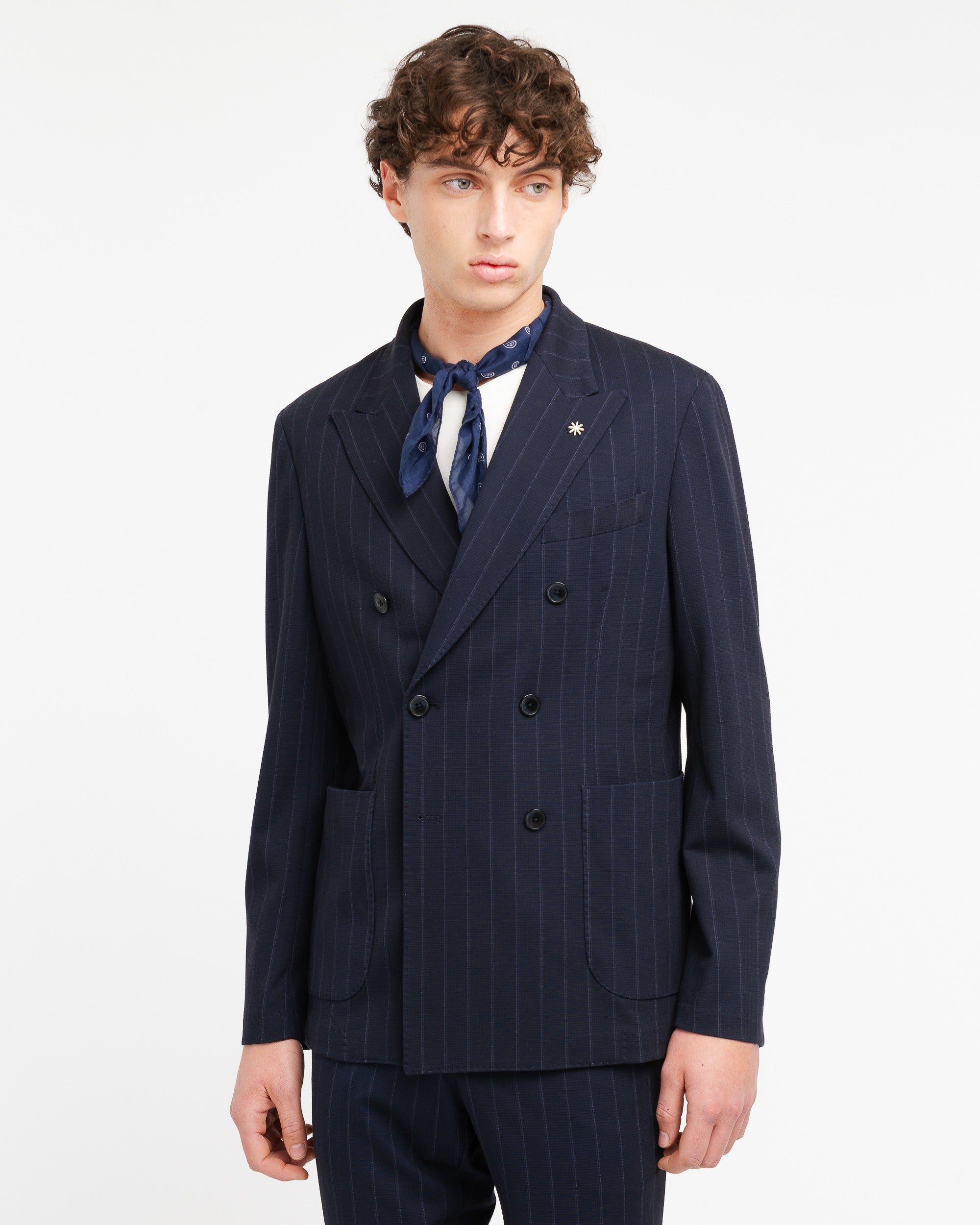 blue double breasted pinstriped viscose blend jersey suit - Manuel