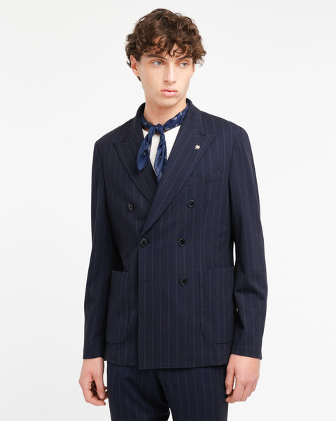 blue double breasted pinstriped viscose blend jersey suit