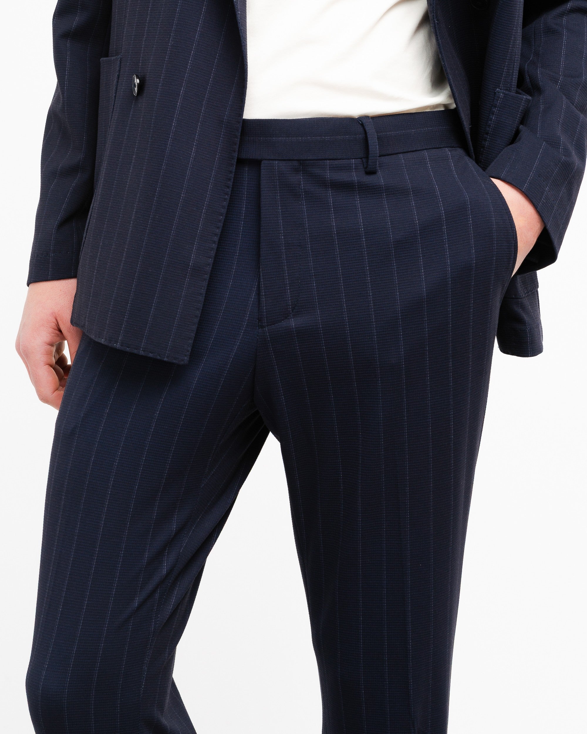 blue double breasted pinstriped viscose blend jersey suit - Manuel