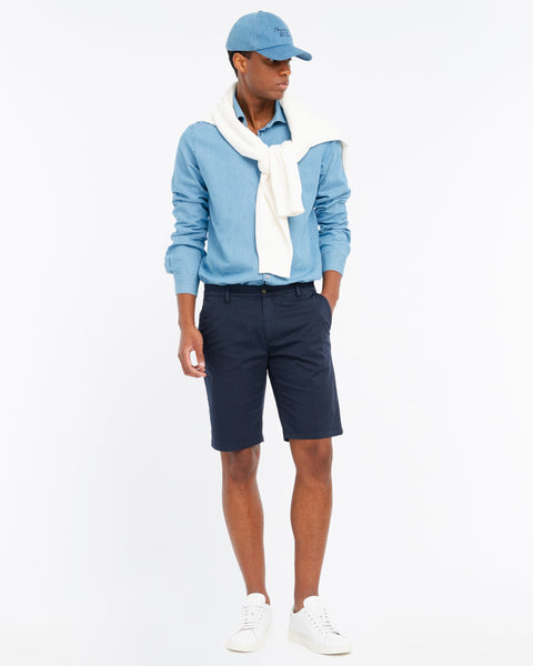 blue stretch cotton twill chino bermuda shorts