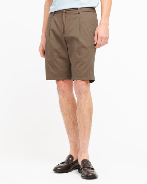 brown stretch cotton blend twill jogging shorts