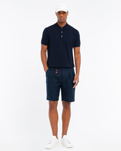 blue relaxed washed linen bermuda shorts