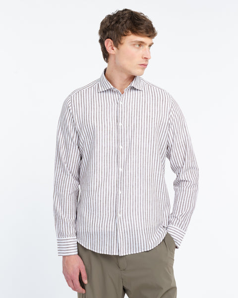 brown washed cotton linen striped shirt
