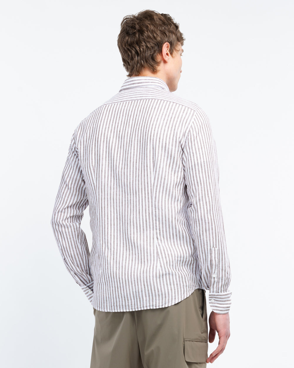 brown washed cotton linen striped shirt