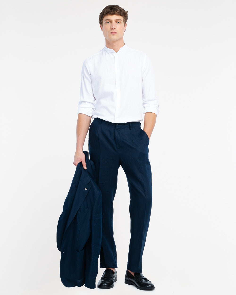 white cotton linen korean collar shirt