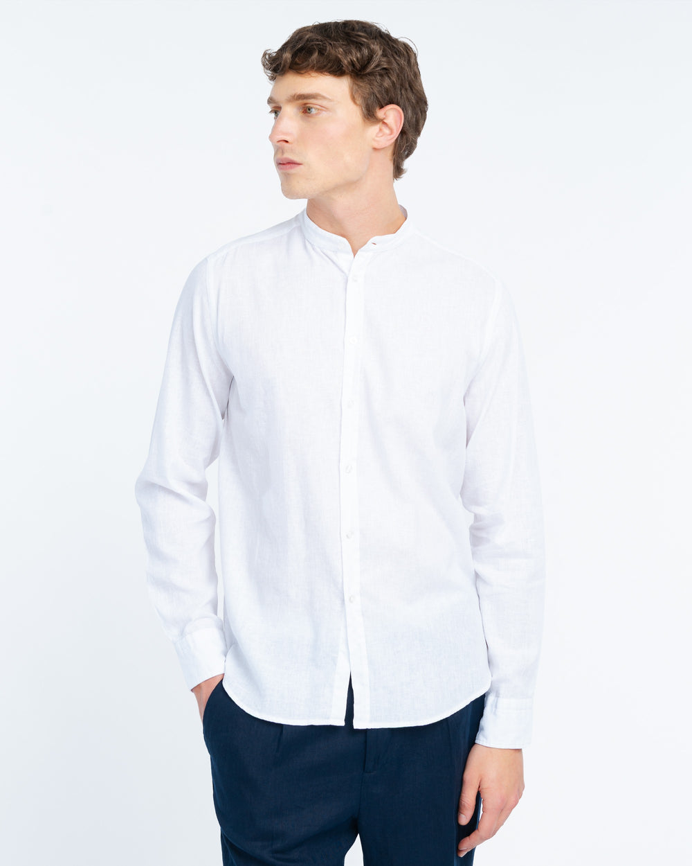 white cotton linen korean collar shirt
