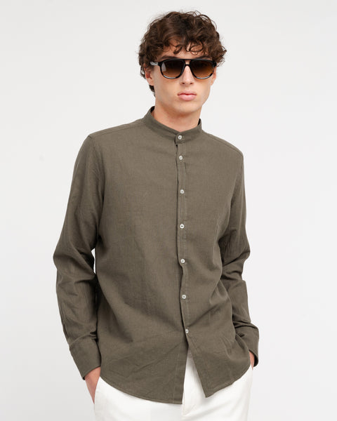brown cotton linen korean collar shirt