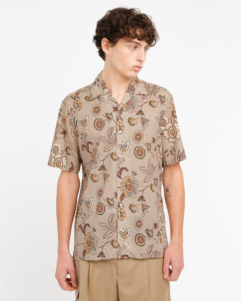 brown short sleeved macro floral cotton shirt