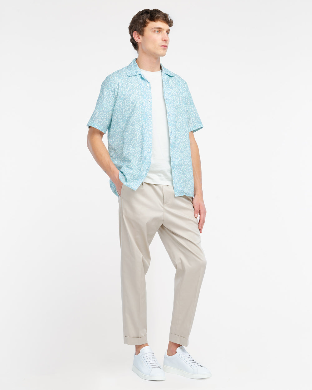 light blue short sleeved paisley cotton muslin shirt