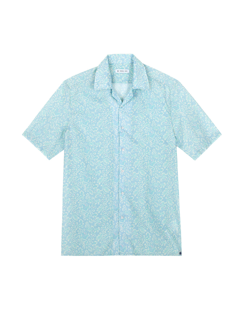 light blue short sleeved paisley cotton muslin shirt