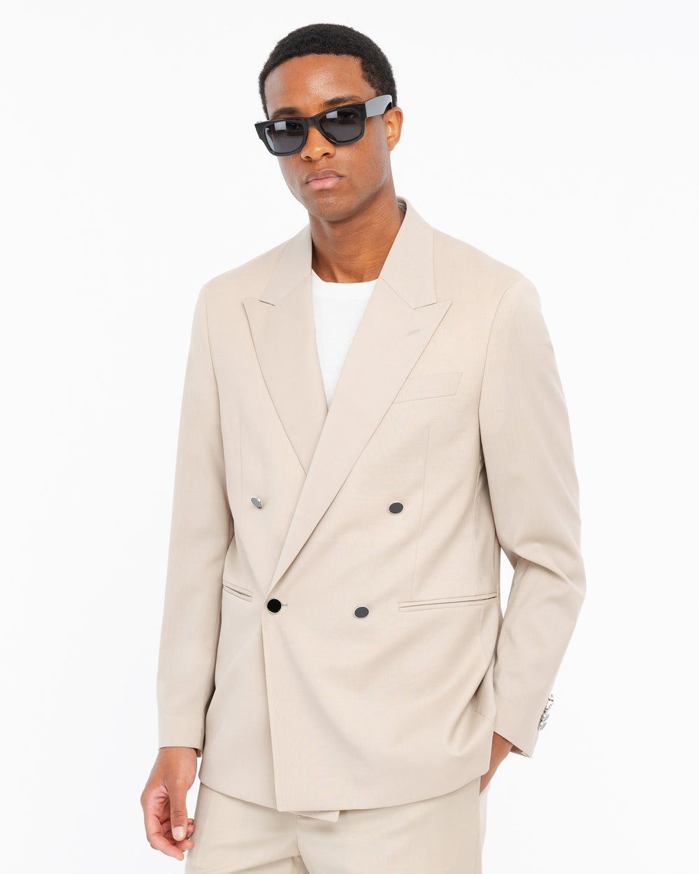 beige relaxed fit double breasted blazer in cool stretch wool