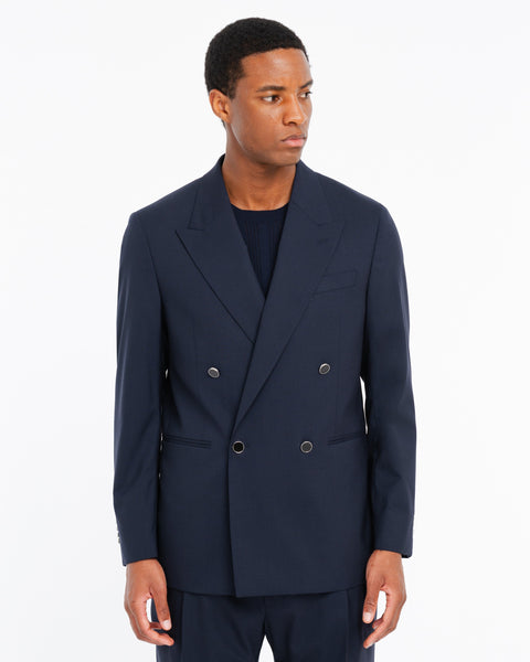 blue relaxed fit double breasted blazer in cool stretch wool