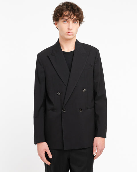 black relaxed fit double breasted blazer in cool stretch wool