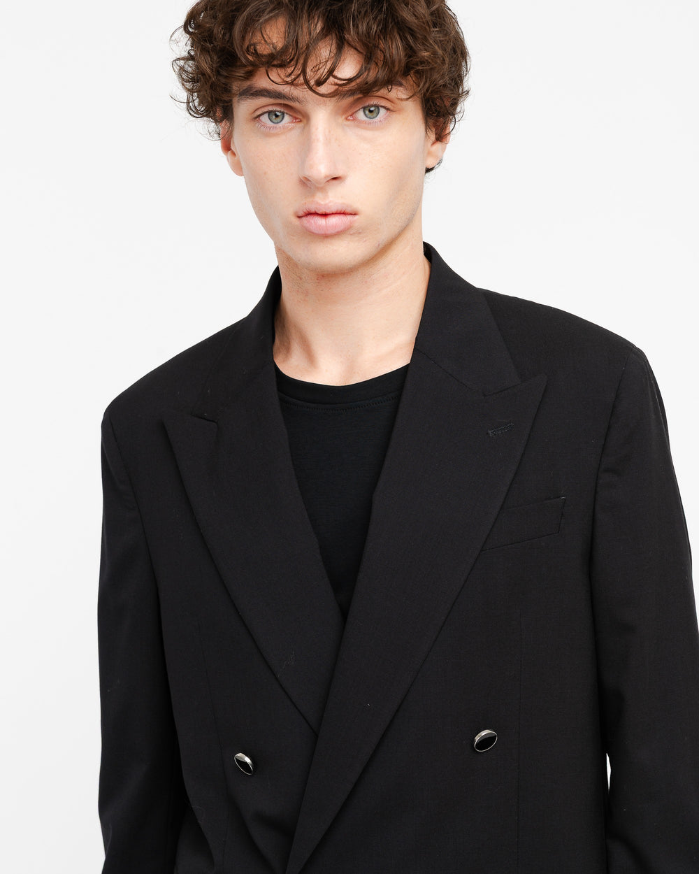 black relaxed fit double breasted blazer in cool stretch wool
