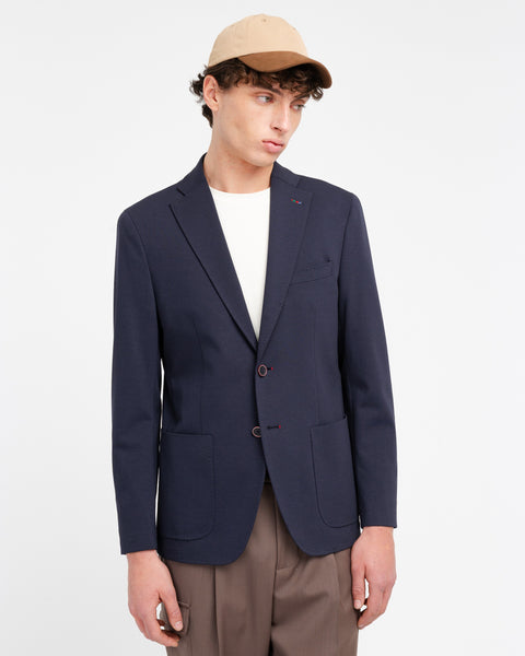 blue micro textured stretch cotton blend jersey blazer