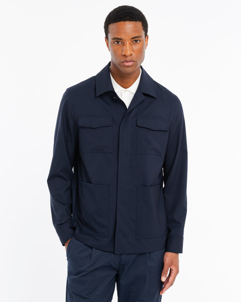 blue cool stretch wool overshirt