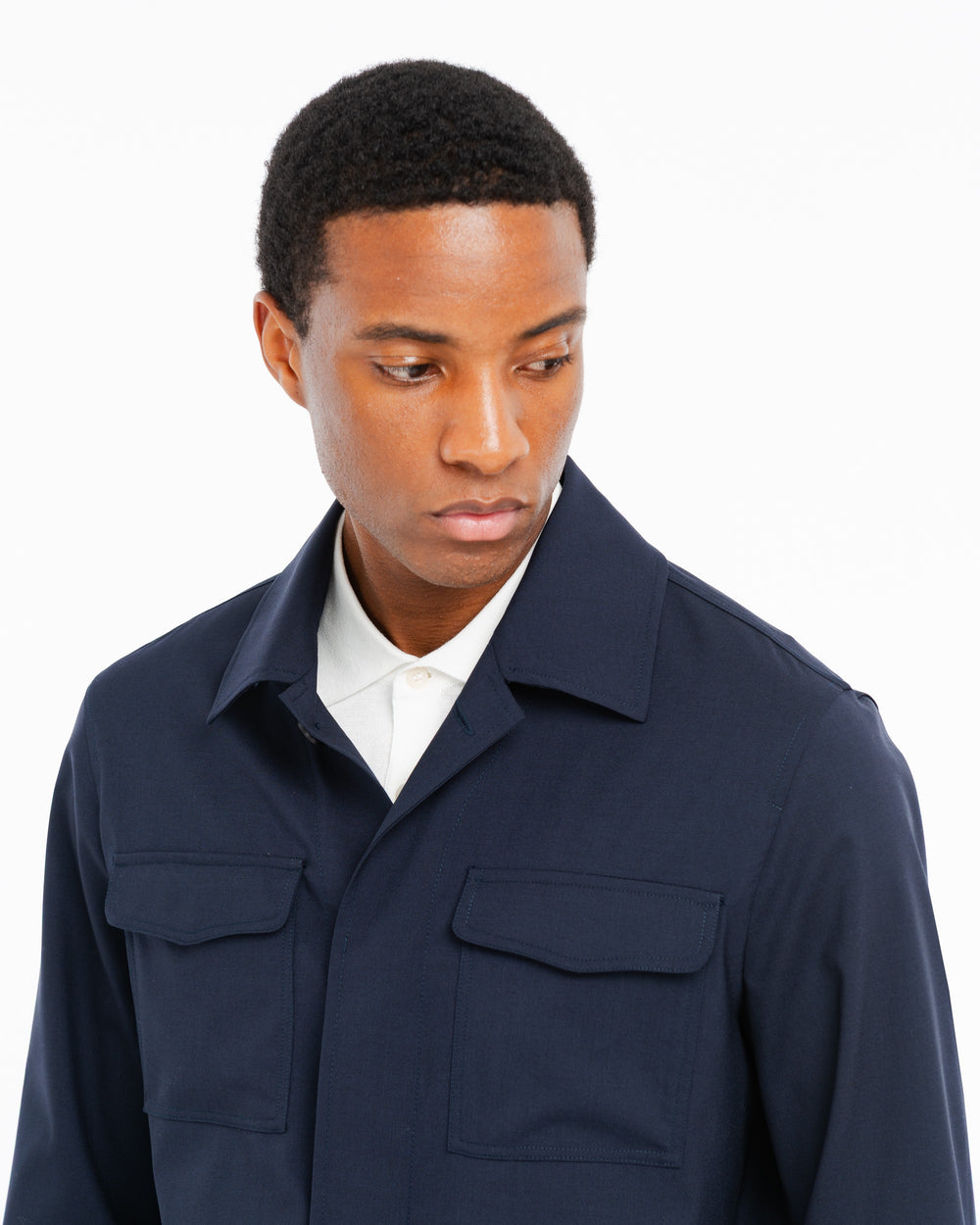 blue cool stretch wool overshirt